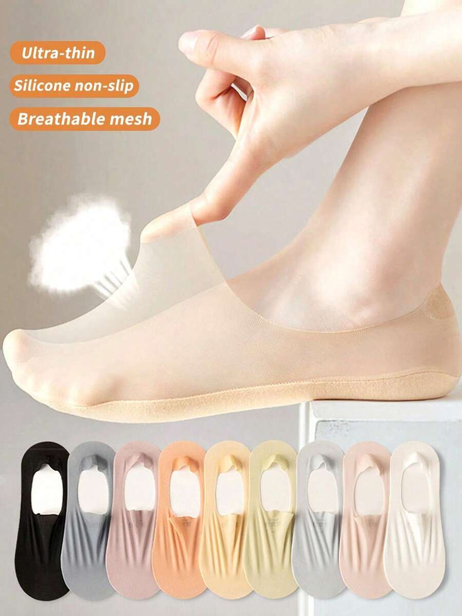 1/3/6/9 đôi tất thuyền nữ nhiều màu mùa hè siêu mỏng, cổ thấp, tất tàng hình chống trượt, gót xốp bảo vệ, lưới thoáng khí - Nhiều màu - Xem 1