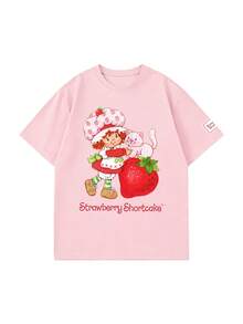 SHEIN X Strawberry Shortcake 女款夏季 T-shirt，可愛野餐印花寬鬆休閒短袖，適合日常穿著，甜美女孩風，粉紅色 - 粉色 - 查看 3