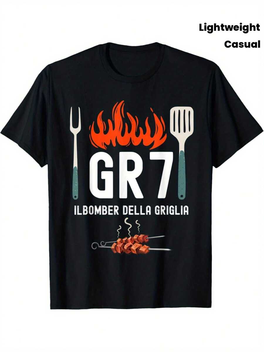 Camiseta GR7 BBQ Grill Grate para Hombre |   Camiseta de verano casual y divertida con un diseño de inspiración vintage que presenta el texto italiano "IL Bomberella Della Griglia" y gráficos de accesorios para barbacoa, ligera, perfecta para fiestas y carnavales, camiseta de fiesta de verano con un patrón vintage de parrilla.