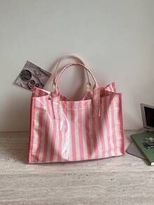 Large Capacity Transparent Jelly Bag With Material Handle, Letter Pattern Decoration, Waterproof Korean Style Unisex Bag, Women's Casual Handbag, Black Minimalist Shoulder Bag, Japanese Casual Style, Suitable For Students, Fitness, Yoga And Travel, Mom Bag, Minimalist Star Design, Crepe Paper Material, Composite Paper - Pink - View 6