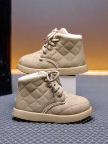 1 Pair Kids' Autumn/Winter Diamond Quilted Thermal Lined Ankle Boots, Soft Sole Anti-Slip Warm Lace-Up Snow Boots For Boys And Girls - Khaki - View 4