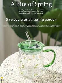 Taza de vidrio curativo de primavera, taza con pajita, taza de gran capacidad con escala, frasco Mason, taza de barriga grande para uso doméstico con tapa, taza para beber - Multicolor - Ver 2