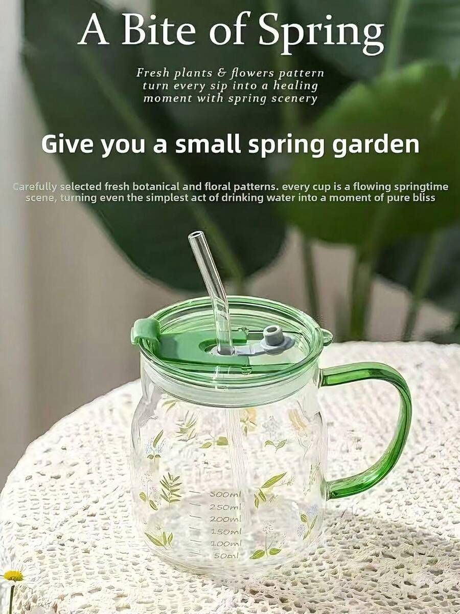 Taza de vidrio curativo de primavera, taza con pajita, taza de gran capacidad con escala, frasco Mason, taza de barriga grande para uso doméstico con tapa, taza para beber