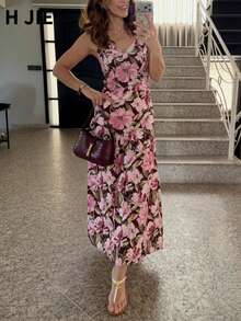 Women's Boho Floral V-Neck Sleeveless Long Dress, Woven Fabric Fitted Sundress For Summer Vacations - Blush Crush - View 5