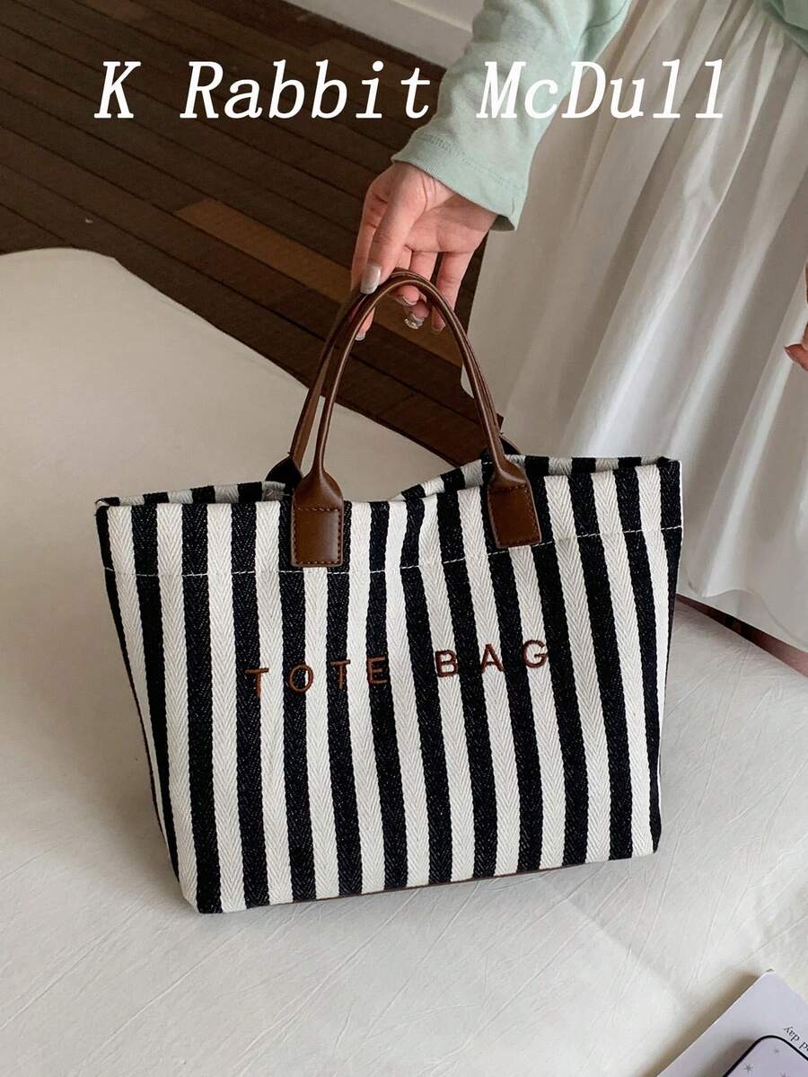 New Large Capacity Letter Decor Stripes Handbag, Multifunctional Commuter Tote Bag With Dual Handles For Women, Suitable For Commute,Beach Vacation