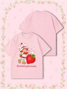 SHEIN X Strawberry Shortcake 女款夏季 T-shirt，可愛野餐印花寬鬆休閒短袖，適合日常穿著，甜美女孩風，粉紅色 - 粉色 - 查看 2