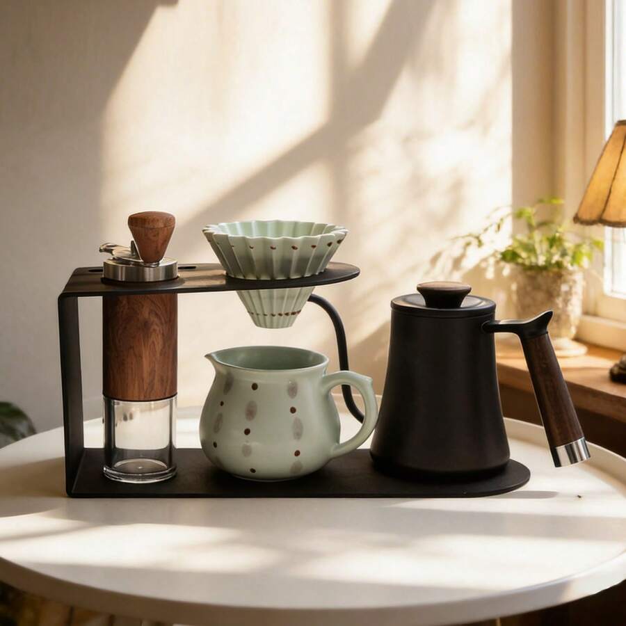3件組/套 450ml創意陶瓷手沖咖啡壺，壺身手繪圖案，搭配極簡設計陶瓷托盤，適用於辦公室、居家、咖啡館，1-2人使用，1300℃燒製，可用洗碗機、微波爐、烤箱 - 彩色 - 查看 1