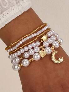 6pcs/Set Girls Moon Star Heart Letter Pearl Seed Bead Bracelet Set Combination Suitable For Daily Decoration - Multicolor - View 3