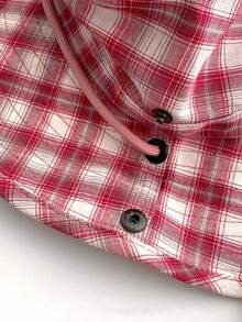 1 Stück Vintage-Karomuster-Patchwork-Kontrastfarben-Kordelzug-Breitkrempel-Fischerhut, Boho-Urlaubs-Frühling-Sommer-Sonnenhut, heller monochromer Look Schnürung-Sonnenschutz-Hut für Reisen und UV-Schutz - Kariertes Schlüsselband - Übersicht 7