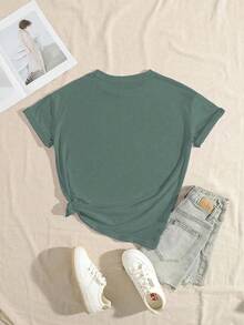 Women's Letter Print Crew Neck Short Sleeve Milk Silk Regular Fit T-Shirt Casual Summer - Dark Green - View 2