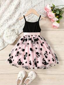 Vestido deslizante de malla con estampado floral para niña joven, verano - Rosa - Ver 2