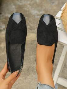 Women's Fashion Colorblock Square Toe Ballet Flats, Elegant Style, Spring/Autumn Daily Commute Black Flat Shoes - Black Suede - View 1