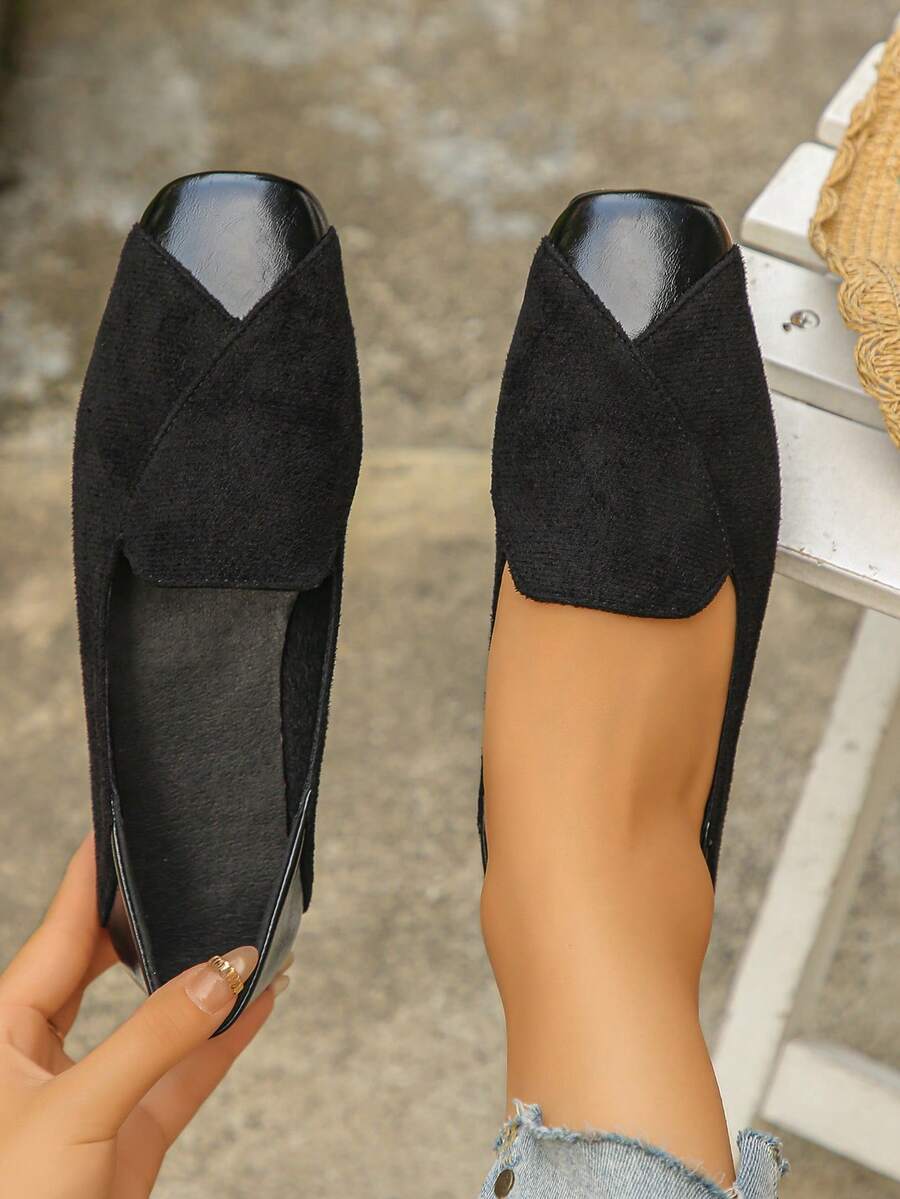 Women's Fashion Colorblock Square Toe Ballet Flats, Elegant Style, Spring/Autumn Daily Commute Black Flat Shoes - Black Suede - View 1