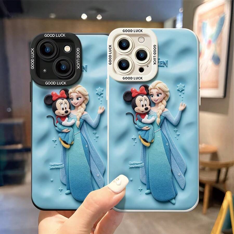 Disney Frozen Licensed Design On Concave Sky-Blue Base, Official Frozen Logo At Top, Elsa In Classic Ice-Blue Gown Holding Mini Minnie Doll, Scattered Star And Bubble Decorations Around. Cool Winter-Toned Color Matching Echoes The Movie's Icy Theme, Precise Cutouts For All Buttons And Camera. Compatible With IPhone 17,16,15,14,13,12,11 Pro & Galaxy S25,S24,S23,S22 Series. - 白色 - 查看 1