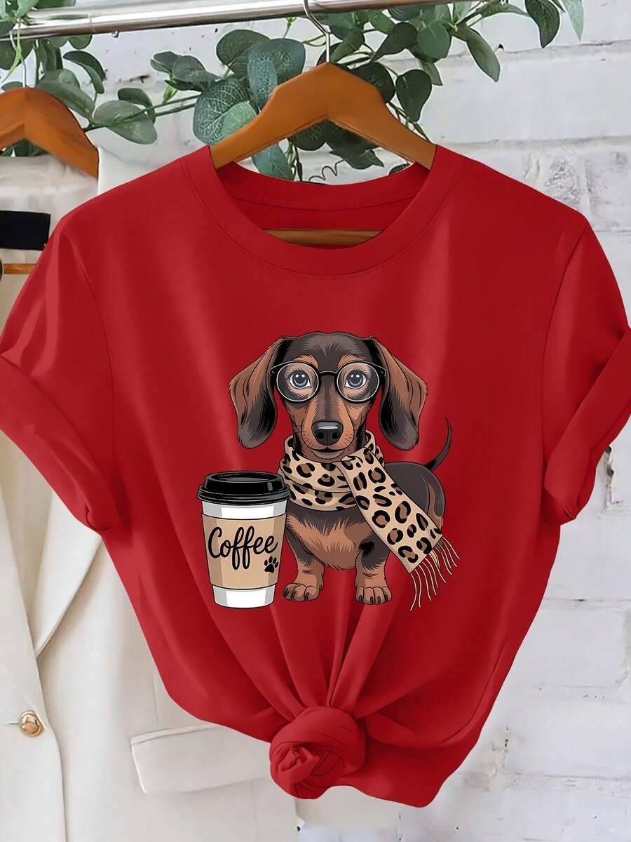 Y2K Women's Summer T-Shirt With Vintage Dachshund And Coffee Print | Casual Cartoon Style, Crew Neck, Short Sleeve | Vacation Style Clothing For Summer - 紅色 - 查看 1
