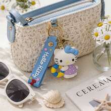 Miniso Sanrio Hello Kitty Cartoon Character Key Chain Holding Swim Ring Purple Polka Dot Dress Pendant Decor For Back To School Purse Handbag Accessory - Blue - View 2