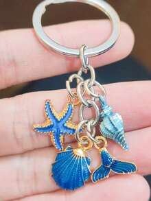 海洋海星鑰匙圈、美人魚尾巴鑰匙圈、貝殼鑰匙圈，女性包包吊飾，鋅合金飾品 - 薄荷藍 - 查看 6