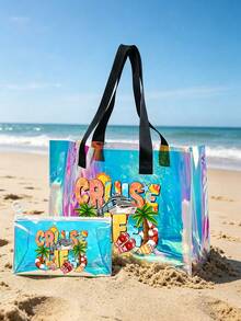 Juego de bolsas de playa de PVC de colores con tema de vida de crucero, con patrón de palmeras de coco, diseño de letras de moda "Cruise Life", bolsa de hombro transparente, bolsa de mano transparente de gran capacidad, bolsa de cosméticos de viaje portátil, bolsa de almacenamiento de artículos de tocador. Adecuada para playa, piscina, vacaciones y uso diario, perfecta para guardar trajes de baño, toallas, cosméticos, etc., ideal para amantes del verano, viajeros y entusiastas de festivales de música - Multicolor - Ver 1