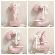 40-Zoll große hellrosa Zahlen-Folienballons Set 0-9 mit DIY weißen handgebundenen Schleifen und langen Ballon-Klebeklebpunkten, geeignet für Geburtstagsmottopartys, Jubiläumsfeiern, Hochzeiten, Gender Reveal, Baby Shower Foto-Requisiten Ballon-Dekorationszubehör - Babyrosa - Übersicht 3