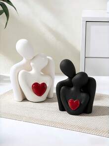 1pc Couple Embracing Figurine, Modern Minimalist Abstract Black And White Heart Sculpture, Home Desktop Decoration, Couple Gift. - the Red Heart - View 4