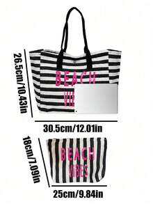 Vintage Hawaiian Tropical Print Striped Beach Tote Bag Set, Large Capacity Summer Vacation Tote Bag With Matching Small Pouch, Suitable For Tropical Cruise Theme Shoulder Bag, Ideal For Beach Travel, Shopping, Cruise Holidays, Beach Days, Teacher's Day Gift, Back To School Season, Independence Day As Beach Bag, Shopping Bag And Travel Companion, Women's Best Travel Partner - Multicolor - View 9