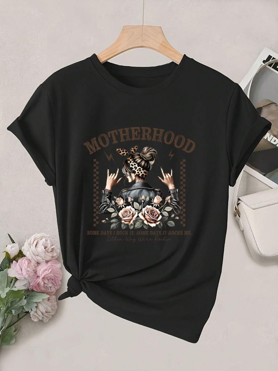 Camiseta de Mujer "Mamá Rock 'N' Roll" - Diseño Creativo "A veces soy una estrella de rock", con estampados de rosas florales y rayos, manga corta, cuello redondo, top casual de verano, lava - negro - Ver 1