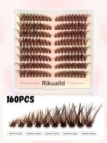 Rikuaild 160片 D捲度棕色濕感假睫毛，濕感妝容，8-16mm混長，濃縮咖啡/摩卡色自然睫毛，棕色DIY睫毛簇，適合日常眼妝，初學者友善，棕色接睫毛，摩卡色假睫毛 - D - 查看 4