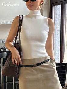 VIBEWAVE European & American Style Ribbed Knit Sleeveless Crop Top, Fitted Camisole For Summer - Beige - View 1
