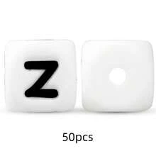 50顆 12mm 矽膠白色底黑色字母珠 DIY 鑰匙圈穿孔珠，週年紀念禮物製作姓名字母珠 - 黑與白 - 查看 12