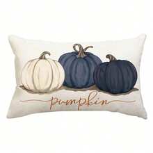 1 pièce Housse de coussin d'automne 12x20 pouces Aquarelle Blanc Bleu Noir Citrouille Housse de coussin d'automne Housse de coussin saisonnière Décoration d'automne pour canapé Simple face sans insert de coussin - Bleu azur - Voir 10