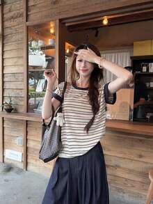 新款女款春夏短袖T恤，寬鬆美式條紋拼接圓領上衣休閒款 - 杏色 - 查看 11