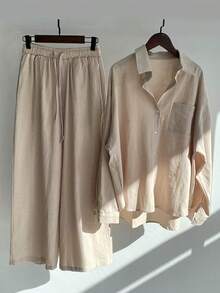 Women's Solid Color Loose Elegant High Waist Casual Linen Set, Loose Fit Flattering Slouchy Commute Vacation Outfit - Khaki - View 2