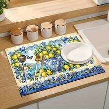 1pc Dish Drying Mat, Coffee Machine Mat, Polyester Fiber Absorbent Mat, Mediterranean Seaside Town, Blue & White Porcelain Vase, Lemon Floral & Butterfly Pattern, Durable, Highly Absorbent, Suitable For Dining Table, Cafe, Multi-Purpose Drainage Mat, Home Gift, Tabletop Decor - XYLSD-547 - View 7