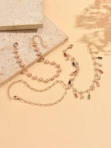 3pcs/Set Gelang Kaki Gaya Mewah Serbaguna Musim Panas, Set Multi-Piece Fashion dengan Hiasan Rantai Hati Rumbai Berlian Imitasi Warna-warni, Perhiasan Kaki Wanita Emas, Cocok untuk Pemakaian Sehari-hari, Liburan Pantai, Kencan, Pesta, Festival Musik - MultiWarna - View 3