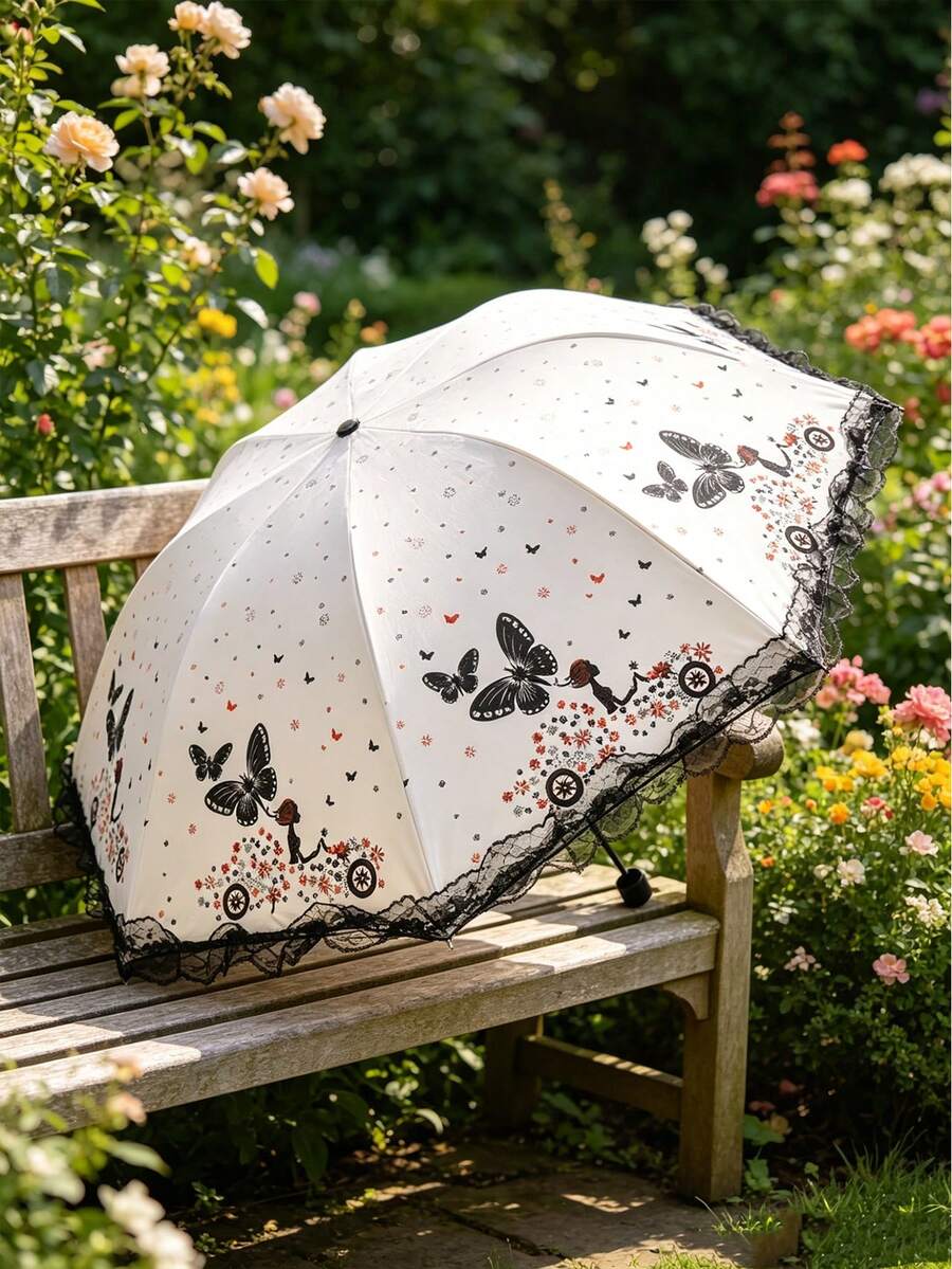 Butterfly Lace Edge Black Parasol, Dual-Use For Sun And Rain, UV Protection Sun Umbrella With Vintage Lace Trim, Lightweight And Compact, Suitable For Beach, Travel, Daily Commute, Outdoor Walks, Perfect For Women, Girls, Ladies, Great Father's Day Gift, Independence Day Essential, Graduation Season Essential, Summer Accessory - Multicolor - View 1