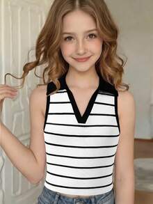 Blusa sin mangas de estilo casual con cuello de solapa y contraste de color a rayas, adecuada para salidas diarias en primavera/verano - Blanco y Negro - Ver 1