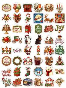 50 piezas de elegantes calcomanías navideñas, ilustraciones de Papá Noel vintage dibujadas a mano, pájaro petirrojo, oso polar y chimenea, pegatinas decorativas impermeables para personalizar fundas de teléfono, papelería y accesorios de cajas de regalo navideñas - Multicolor - Ver 6