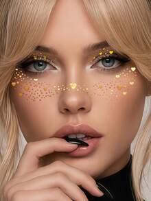 6 Sheets Gold Heart Freckles Face Tattoos Glitter Eyeshadow & Eyeliner Tattoo Stickers For Wedding Beach Concert Summer Rave Accessories - Gold - View 4