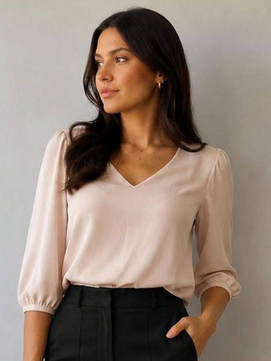 3/4 Length Polyester Blouse, Contrast Knit, Sizes M To XL, Perfect For Daily Wear, Holidays, Office, Home, And Autumn. - 淺褐色的 - 查看 1