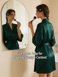 1pc Women's Imitation Silk Cardigan, Sleepwear/Bathrobe/Robe, Women's Robe, Bridesmaid/Bride Robe, Sexy Nightgown. Suitable For Wedding Reception, Wedding Ceremony And Banquet Matching. Spring And Summer Women's Pajamas, Nightgowns, Robes, For Girlfriend Gathering, Home Leisure Robes, Bride's Wedding Dress Robes, Wedding Party Supplies, Outdoor Weddings, Holiday Party Accessories, Bathroom And Home Wear. - Multicolor - View 5