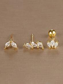 Bộ 3 món bông tai xoắn mạ vàng 18K thép không gỉ đính đá Cubic Zirconia, bông tai kẹp vành tai hình hoa đính đá Cubic Zirconia, trang sức hàng ngày cho nữ - Hoa3 - Xem 3