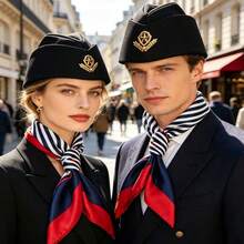 6, 2 Pieces European Air Hostess Pilot Matching Accessories Wheat Emblem Cap Contrast Red-Blue Striped Neck Bandana - Multicolor - View 10