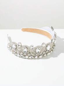 1pc European & American New Solid Color Heavy Craft Pearl & Gemstone Crown Wide Headband, High-End Elegant Versatile Hair Hoop, Suitable For Wedding & Party Wear, Exquisite Clothing Accessory - FG1142 - White - View 2