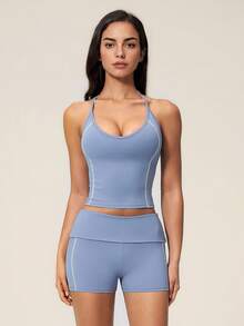 TimeOff Women's One Set Solid Color Adjustable Strap Camisole Tank Top And Wide Leg Mid-Length Shorts Sports Set - Blue - View 4