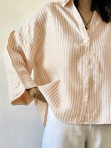 女款休閒杏色條紋上衣，杏色與白色條紋襯衫，經典襯衫領，落肩設計，袖長至手腕，適合春秋穿著 - 杏色 - 查看 3