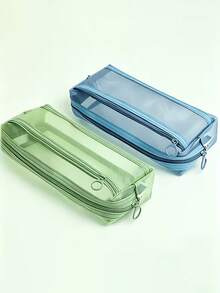 Cute Morandi Plaid Transparent Double-Layer Pencil Case, Large Capacity Mesh Stationery Organizer, Double-Layer Pencil Holder, Large Capacity Transparent Pencil Box, With Handle And Zipper, Portable Travel Makeup Bag, Suitable For Adults, Schools, And Offices. - Multicolor - View 4