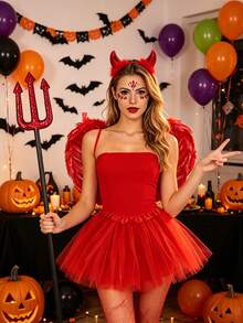 Set Kostum Setan Kecil Merah Halloween 4pcs/Set, Termasuk Bando Setan Merah, Sayap Merah, Garpu Setan, Rok Tulle Merah, Cocok Untuk Acara Liburan, Pesta Tema, Pesta Topeng, Pertunjukan Panggung, Kostum Halloween, Properti Cosplay - beraneka warna - View 2