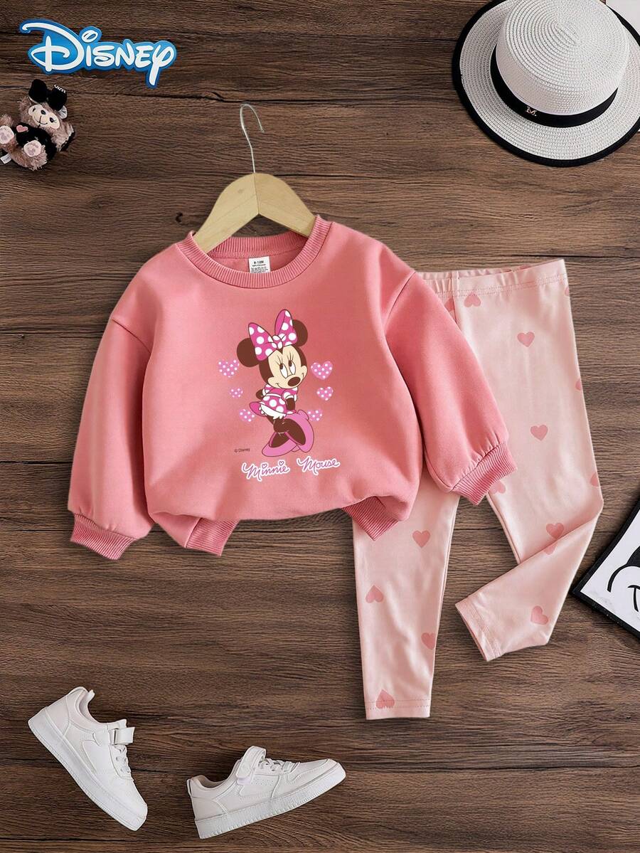[Resmi] Set Baju Sweatshirt Lengan Panjang dan Celana Motif Hati Mickey Mouse Disney untuk Bayi Perempuan, Bayi Baru Lahir, Musim Gugur/Dingin, dengan Motif Kartun Minnie Mouse yang Lucu, Sedikit Elastis, Cocok untuk Pemakaian Sehari-hari, Hadiah yang Bagus - Berwarna merah muda - View 1