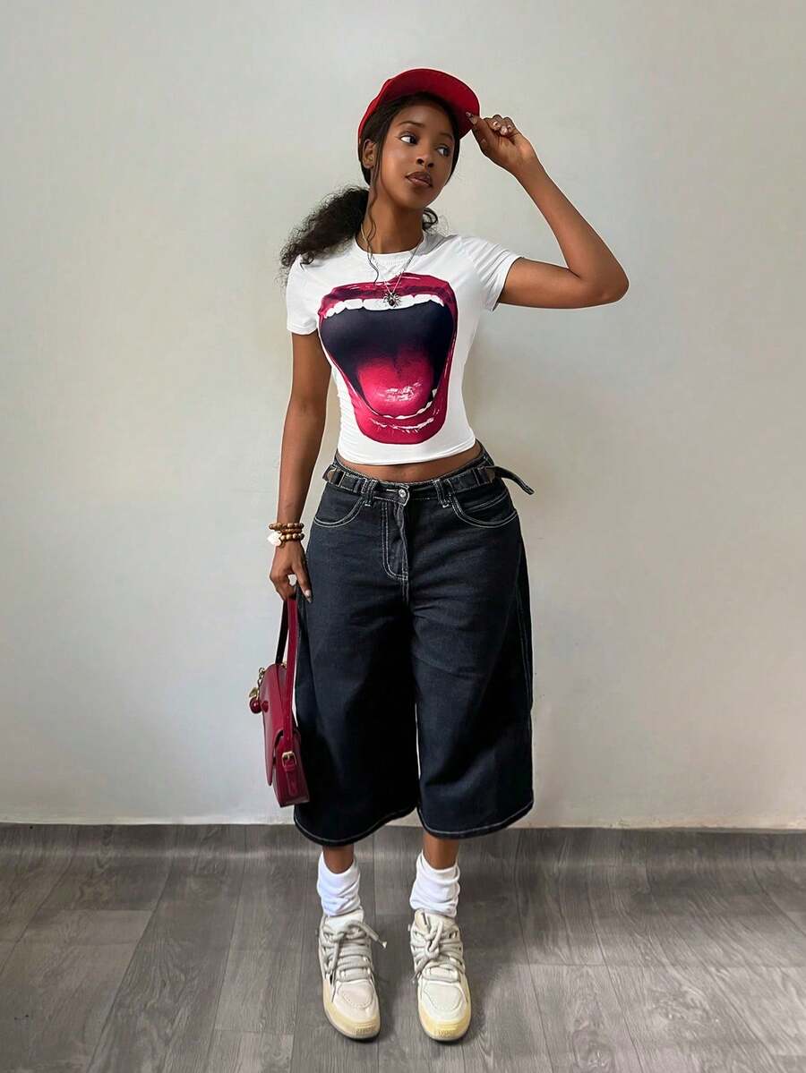 Women's Casual Printed T-Shirt, Short Sleeve And Round Neck, Local Urban Fashion Spring/Summer. Women's Blouses, Women's T-Shirts. 180g (S-XXXL) - 白色 2 - 查看 1