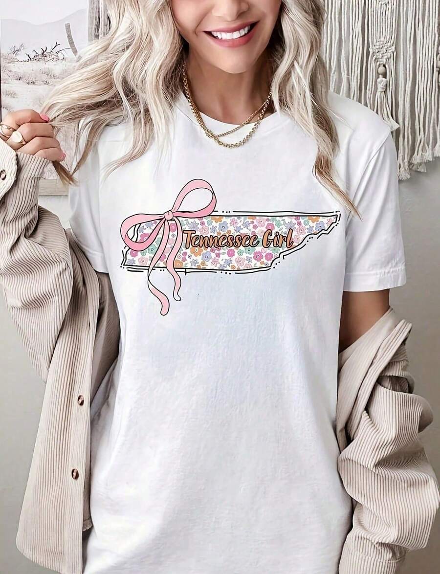 Camiseta de chica de Tennessee, camiseta Tennessee T EE Tennessee Forever, camiseta de chica con lazo de Tennessee, camiseta de algodón 100% de 220g de peso pesado, camiseta de algodón puro - Negro - Ver 1